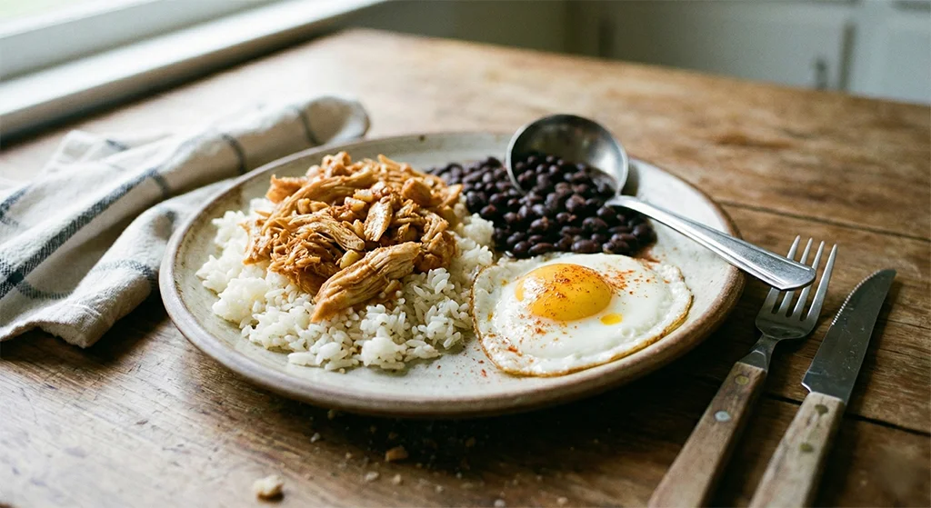 Prato pronto: arroz, feijão, frango e ovo - zero desperdício