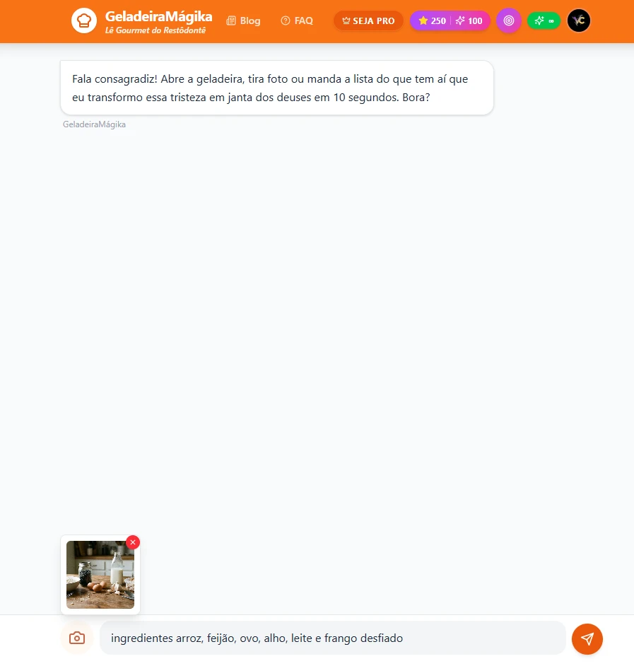 Interface GeladeiraMágika com ingredientes sendo enviados